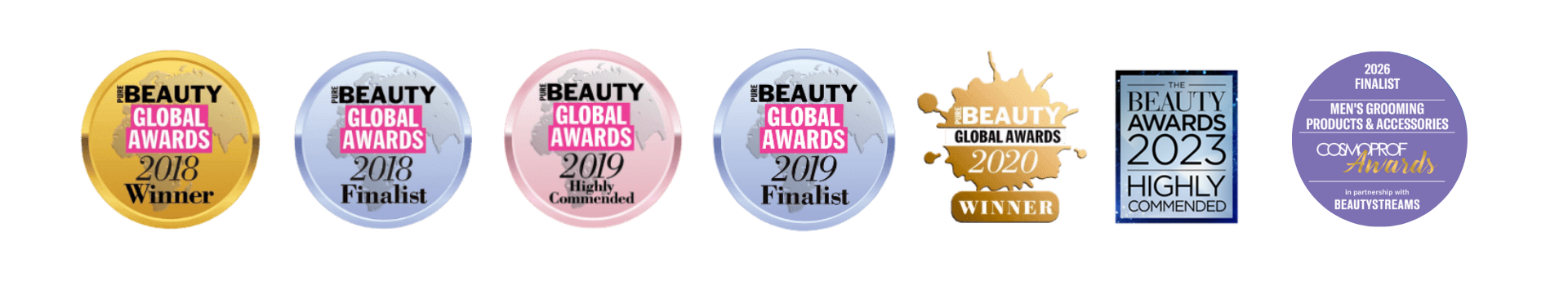 Pure Beauty Global Awards 2018 Winner · 2019 Highly Commended · 2020 Winner · Beauty Awards 2023 · Cosmoprof 2026 Winner